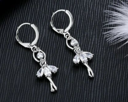 Solid S925 Sterling Silver Jewelry Gift Sets Cute Ballet Dancer Design Necklace Hoop Loop Earrings for Women Party