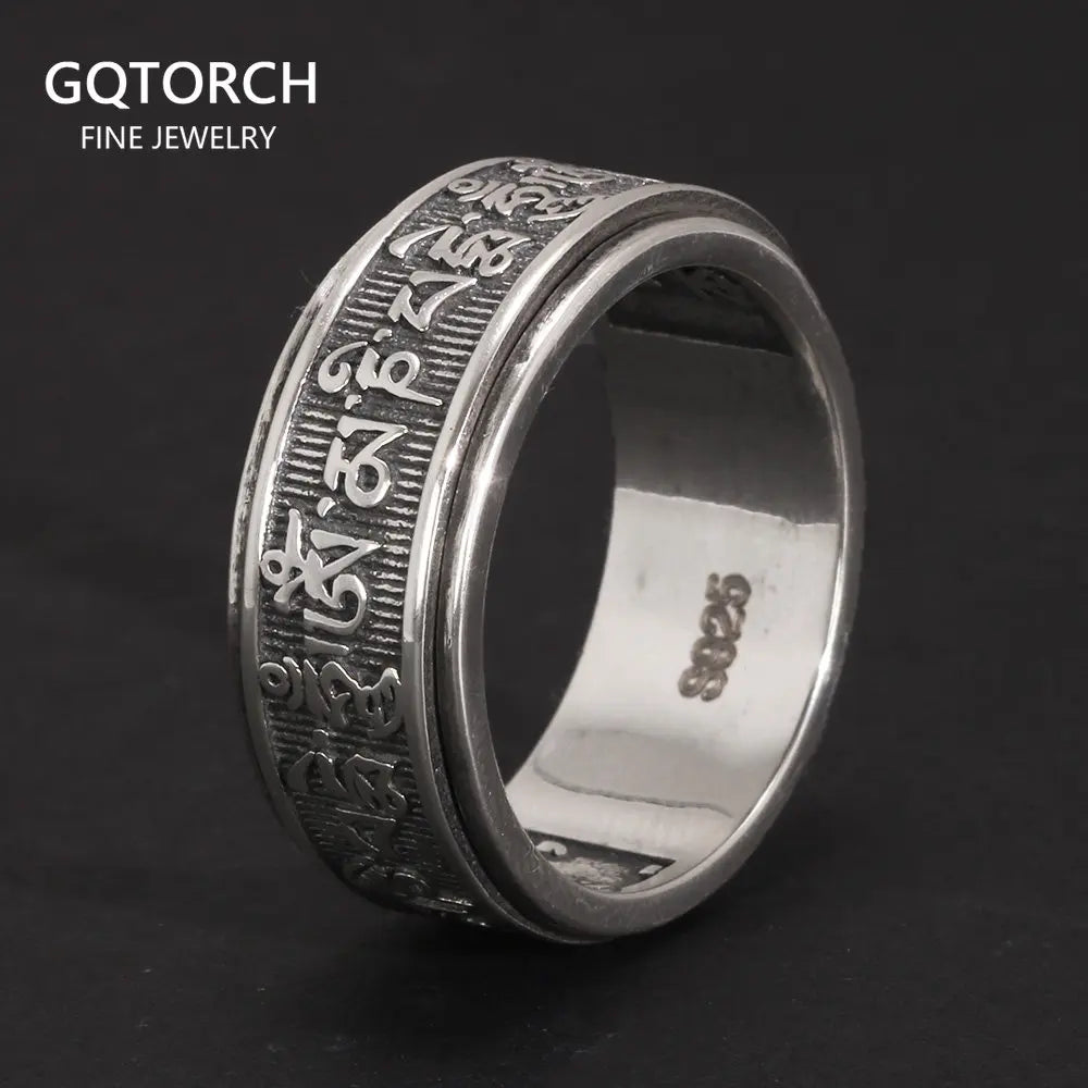 Real 925 Sterling Silver Vintage Rings For Men Rotatable Tibetan Six Words Mantra Rings Om Mani Padme Hum Buddhist Jewelry