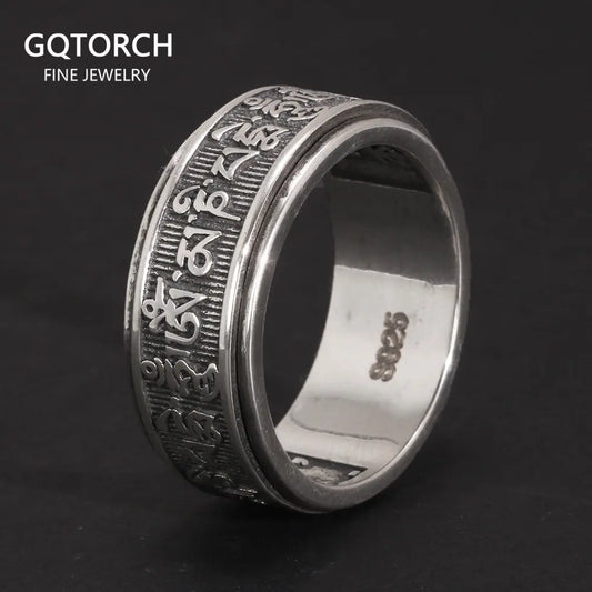 Real 925 Sterling Silver Vintage Rings For Men Rotatable Tibetan Six Words Mantra Rings Om Mani Padme Hum Buddhist Jewelry