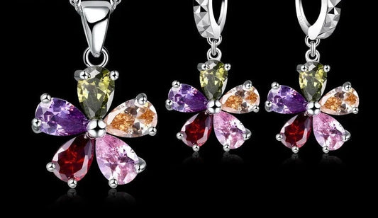 Shinning Flower Colorful CZ Crystal Pendant Jewelry Sets 925 Sterling Silver Pendant Necklace + Dangle/Hoop Earring Sets