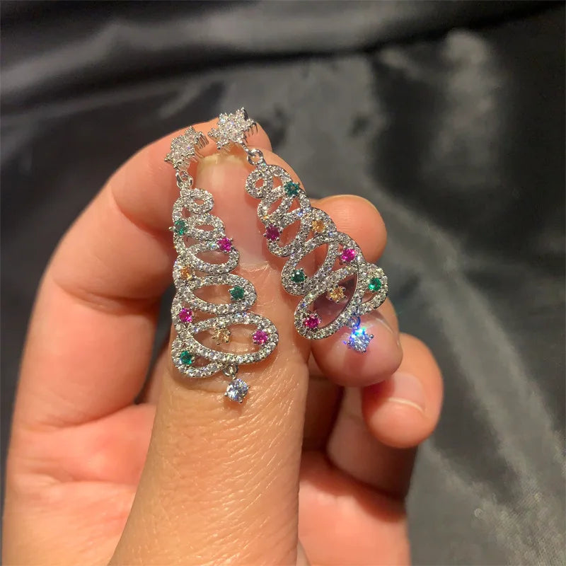 New Zircon Christmas Tree Earrings for Women Shiny Rhinestone Star Pearl Stud Earring New Year Xmas Festival Ear Jewelry