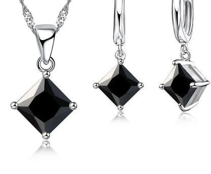 New Fashion Women Pendants Necklace Simple Geometry Square Earrings Crystal 925 Sterling Silver Jewelry Sets for Wedding