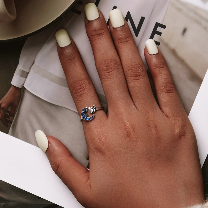 WOSTU Moon & Cat Open Ring 925 Sterling Silver Blue Zircon Adjustable Size Animal Ring For Women Fingers Trendy Jewelry CQR677