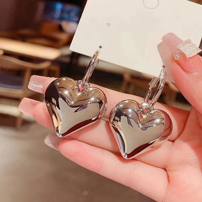 Korean Trend Metal Heart Stud Earrings for Women Punk Elegant Minimalist Smooth Love Eardrops Girl Party Jewelry Couple Gifts