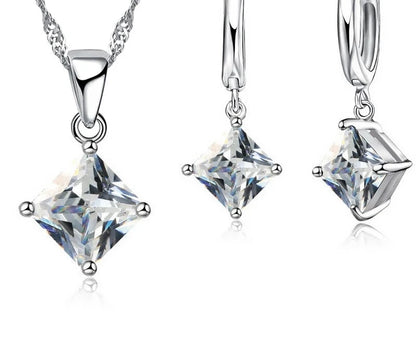 New Fashion Women Pendants Necklace Simple Geometry Square Earrings Crystal 925 Sterling Silver Jewelry Sets for Wedding
