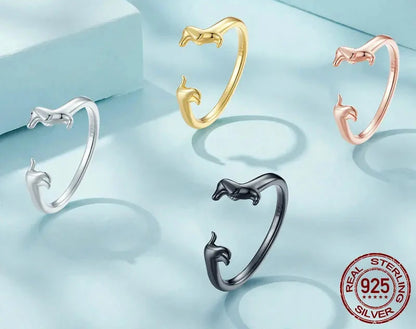 BISAER 925 Sterling Silver Cute Pet Dog Jewelry Set Dachshund Animal Stud Earrings Adjustable Rings for Women Lovely Party Gift