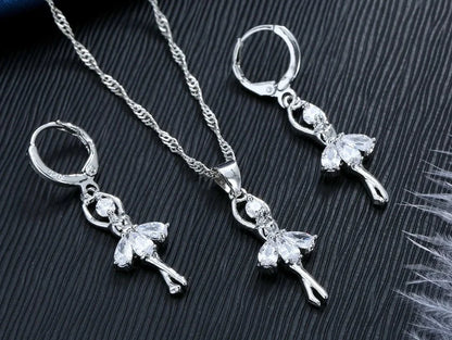 Solid S925 Sterling Silver Jewelry Gift Sets Cute Ballet Dancer Design Necklace Hoop Loop Earrings for Women Party