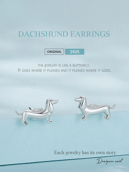 BISAER 925 Sterling Silver Cute Pet Dog Jewelry Set Dachshund Animal Stud Earrings Adjustable Rings for Women Lovely Party Gift