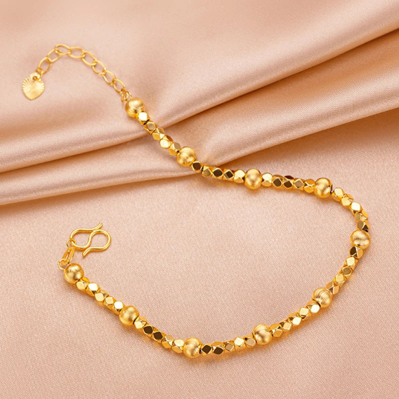 Pure 14k Gold Color Lucky Bead Bracelet for Women Bride Wedding Birthday Valentine's Day Drop Earrings Jewelry Gifts