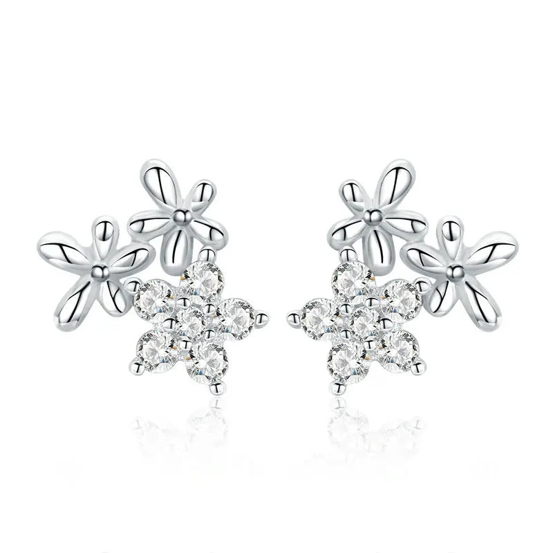 WOSTU Flower Heart Stud Earrings 100% 925 Sterling Silver Pearl Small Earrings For Women Wedding Engagement Jewelry Gifts