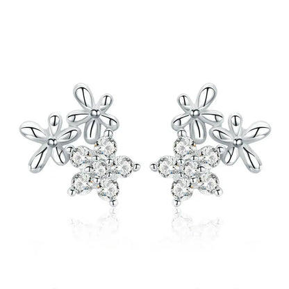 WOSTU Flower Heart Stud Earrings 100% 925 Sterling Silver Pearl Small Earrings For Women Wedding Engagement Jewelry Gifts