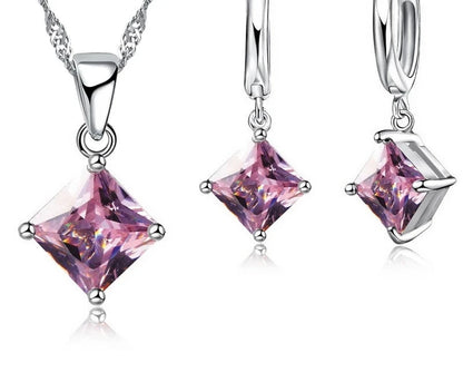 New Fashion Women Pendants Necklace Simple Geometry Square Earrings Crystal 925 Sterling Silver Jewelry Sets for Wedding