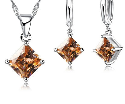 New Fashion Women Pendants Necklace Simple Geometry Square Earrings Crystal 925 Sterling Silver Jewelry Sets for Wedding
