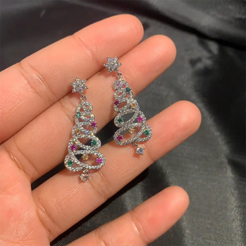 New Zircon Christmas Tree Earrings for Women Shiny Rhinestone Star Pearl Stud Earring New Year Xmas Festival Ear Jewelry
