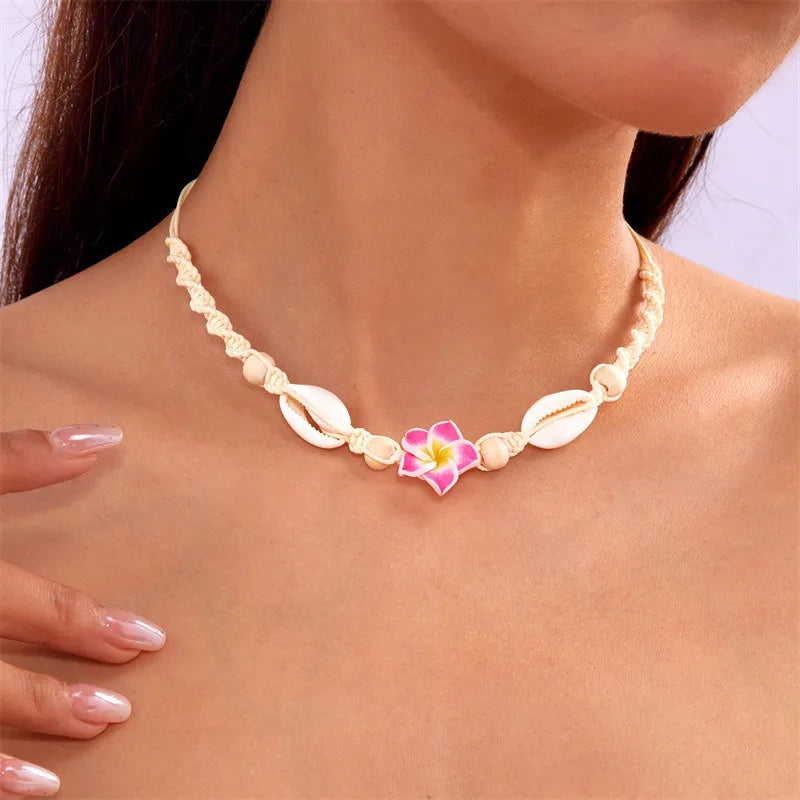 Bohemia Sea Shell Choker Necklace For Women Fashion Summer Sweet Flower Pendant Hand-woven Rope Neck Chain Jewelry Accessory