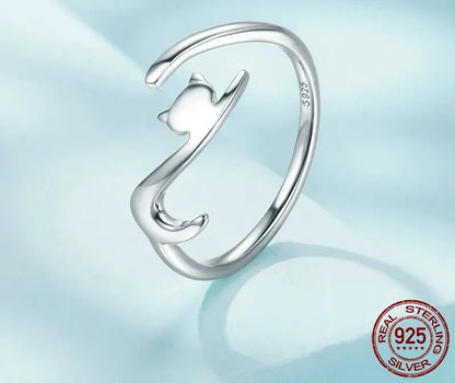 BAMOER 100% 925 Sterling Silver Sticky Cat with Long Tail Finger Ring Women Ring Adjustable Engagement Ring Jewelry SCR220