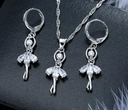 Solid S925 Sterling Silver Jewelry Gift Sets Cute Ballet Dancer Design Necklace Hoop Loop Earrings for Women Party