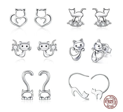 WOSTU Real 100% 925 Sterling Silver Lovely Cat Pet Stud Earrings For Women S925 Silver Earring Fashion Jewelry Gift FIE073
