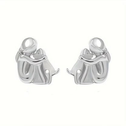 Cute Two Tone Gold Silver Color Women and Dog Stud Earrings Dog Mom Small Hoop Earrings Animal Pet Jewelry