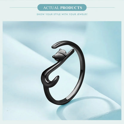 BAMOER 100% 925 Sterling Silver Sticky Cat with Long Tail Finger Ring Women Ring Adjustable Engagement Ring Jewelry SCR220