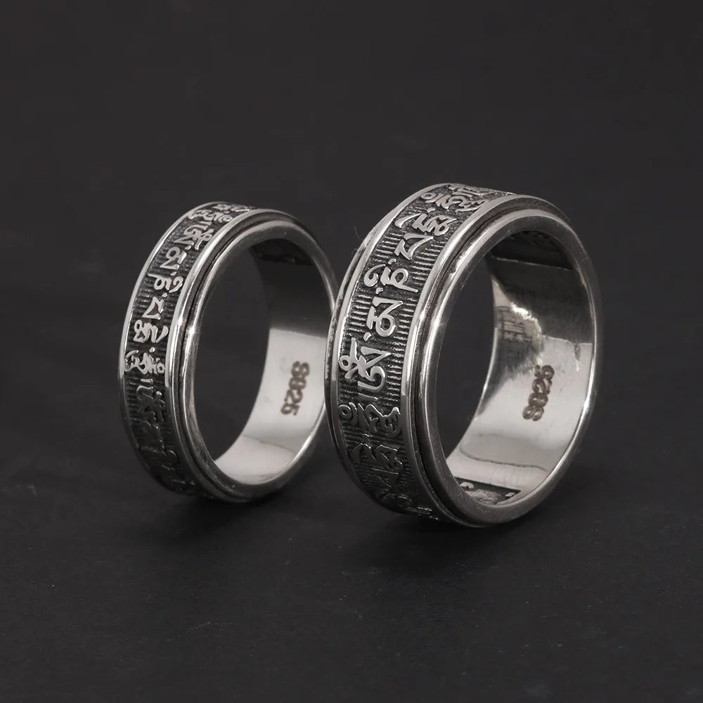 Real 925 Sterling Silver Vintage Rings For Men Rotatable Tibetan Six Words Mantra Rings Om Mani Padme Hum Buddhist Jewelry