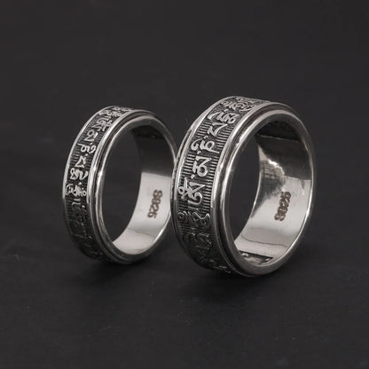 Real 925 Sterling Silver Vintage Rings For Men Rotatable Tibetan Six Words Mantra Rings Om Mani Padme Hum Buddhist Jewelry