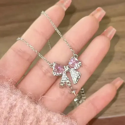 Fashion Fairy Pink Crystal Bow Knot Pendant Necklaces Y2K Girls Sweet Rhinestone Heart Clavicle Chain Women Jewelry Gifts
