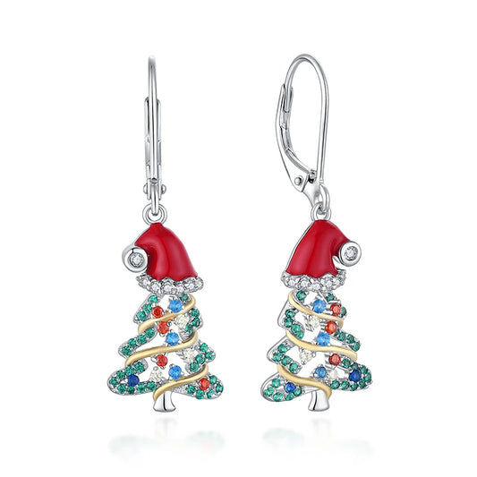 Christmas Earrings Christmas Tree Earrings for Women Dangle Drop S925 Sterling Silver Leverback Santa Claus Red Hat Holiday X-Ma